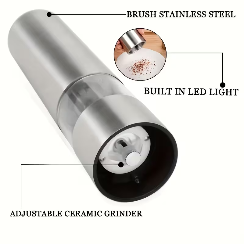Easy One Hand Electric Salt & Pepper Grinder – Adjustable, No Spills, Stainless Steel