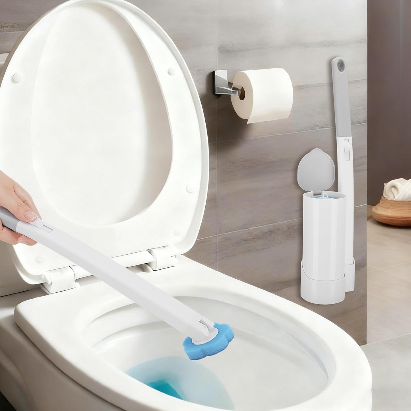 Disposable Toilet Brush Set with Replacement Heads For Hygienic Bathroom Cleaning, Built-in Cleaning Fluid