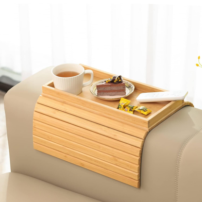 No Space for Drinks & Remote? Rectangle Bamboo Sofa Armrest Tray – Foldable Non-Slip Side Table for Snacks & Cups