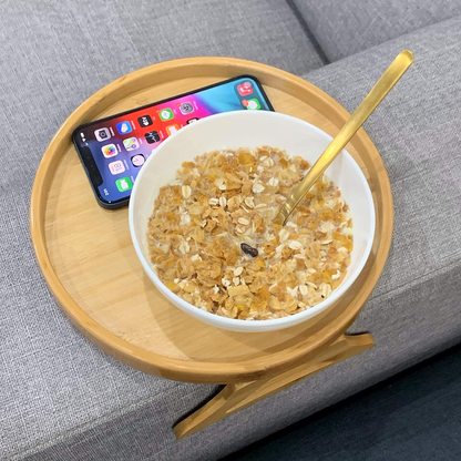 No Space for Drinks or Remote? Bamboo Clip-On Sofa Armrest Table – Stable Side Tray for Phone & Snacks