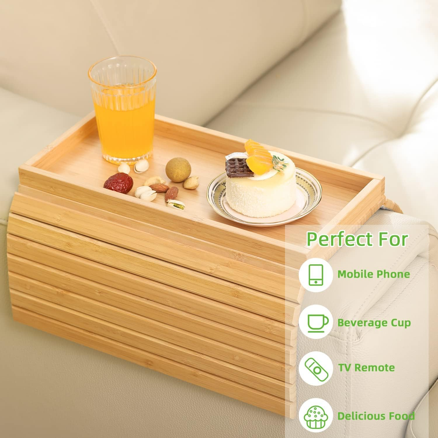 No Space for Drinks & Remote? Rectangle Bamboo Sofa Armrest Tray – Foldable Non-Slip Side Table for Snacks & Cups