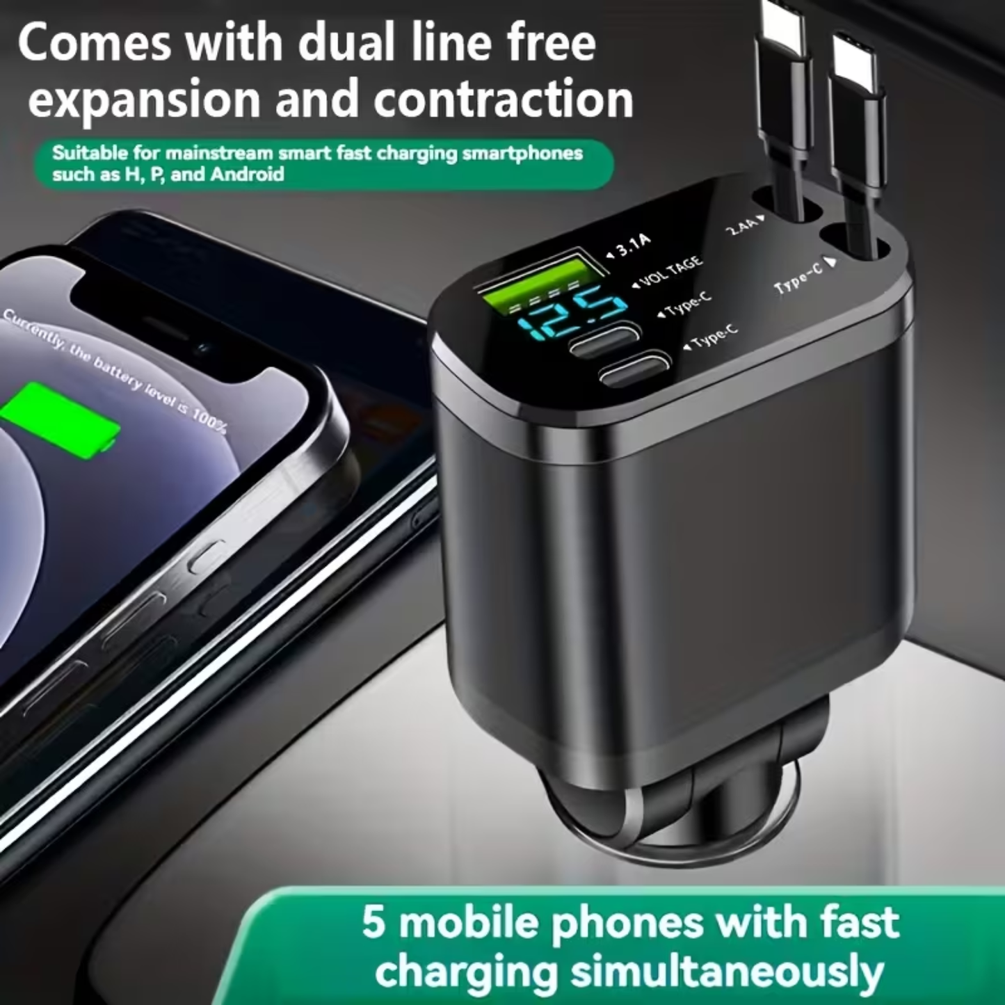 Low Battery on the Road? 120W 5-in-1 Ultra-Fast Car Charger – Charge Multi Devices Without Overheating