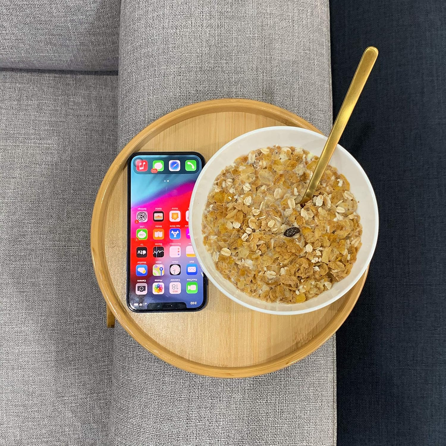 No Space for Drinks or Remote? Bamboo Clip-On Sofa Armrest Table – Stable Side Tray for Phone & Snacks