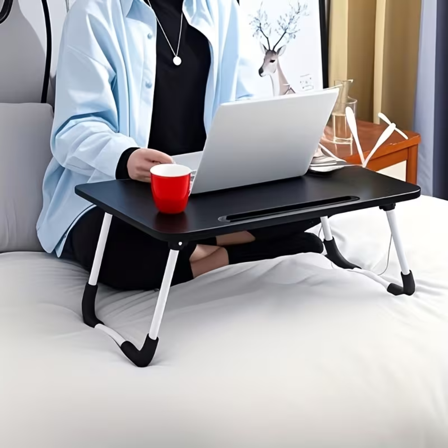 Struggling to Work or Eat in Bed? Foldable Anti-Tip Laptop Desk – Slim, Lightweight & Space-Saving Table