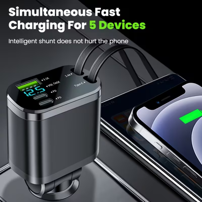 Low Battery on the Road? 120W 5-in-1 Ultra-Fast Car Charger – Charge Multi Devices Without Overheating