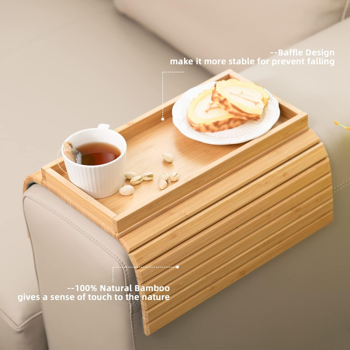 No Space for Drinks & Remote? Rectangle Bamboo Sofa Armrest Tray – Foldable Non-Slip Side Table for Snacks & Cups