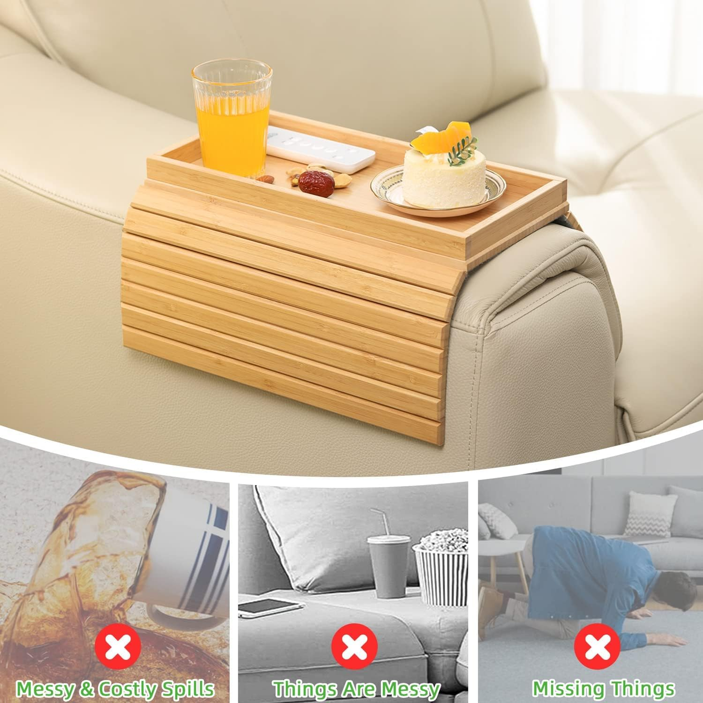 No Space for Drinks & Remote? Rectangle Bamboo Sofa Armrest Tray – Foldable Non-Slip Side Table for Snacks & Cups