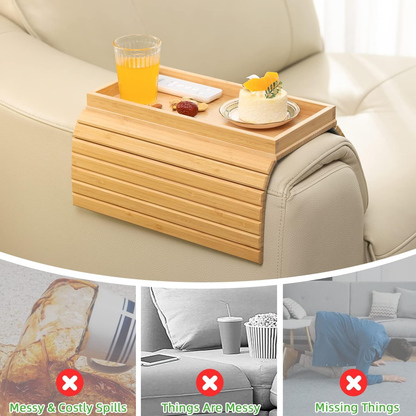 No Space for Drinks & Remote? Rectangle Bamboo Sofa Armrest Tray – Foldable Non-Slip Side Table for Snacks & Cups