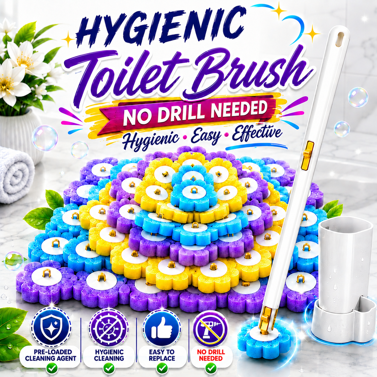 Disposable Toilet Brush Set with Replacement Heads For Hygienic Bathroom Cleaning, Built-in Cleaning Fluid