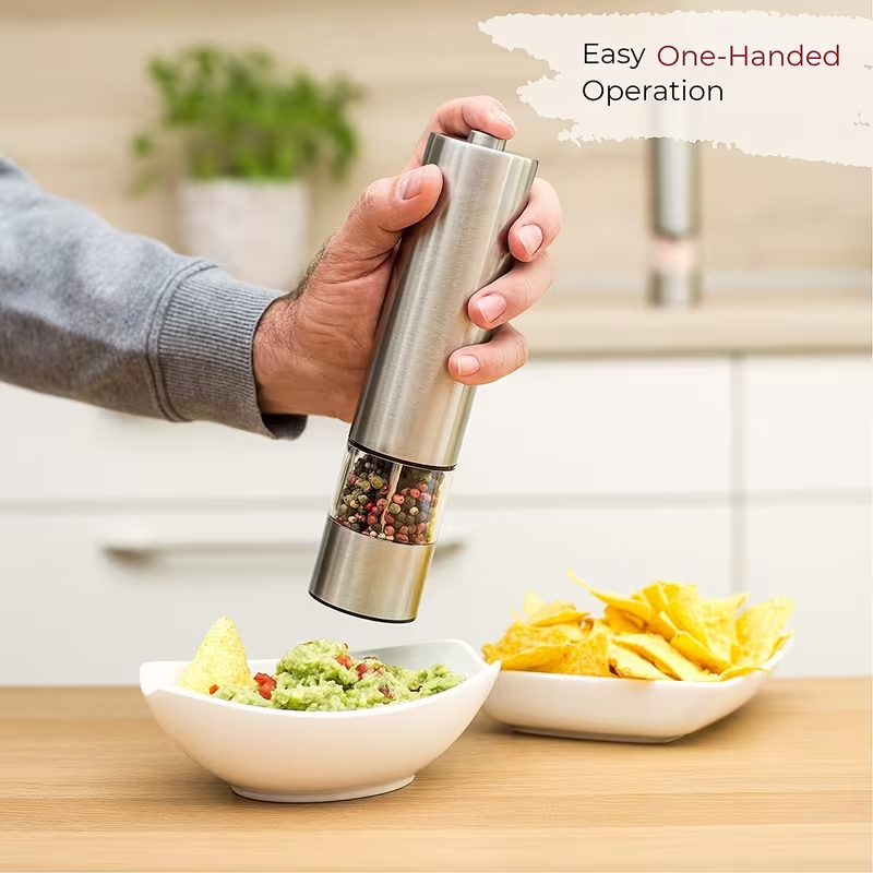Easy One Hand Electric Salt & Pepper Grinder – Adjustable, No Spills, Stainless Steel