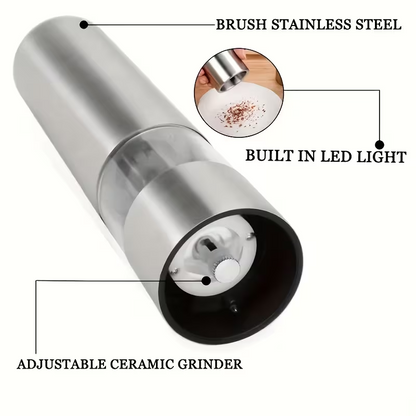Easy One Hand Electric Salt & Pepper Grinder – Adjustable, No Spills, Stainless Steel
