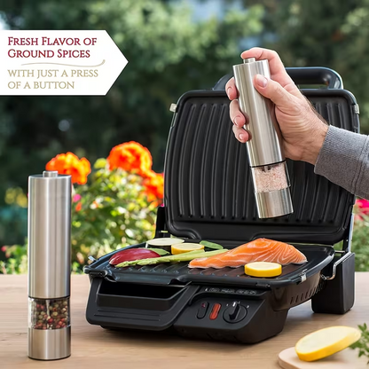 Easy One Hand Electric Salt & Pepper Grinder – Adjustable, No Spills, Stainless Steel